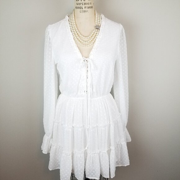 Venus White Chenille Dot Tiered Mini Dress with Long Sheer Sleeves Size Small - Picture 1 of 11